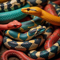 Obraz premium Close up of a venomous rattlesnake with a black and white eye, its scales visible as it moves through the grass