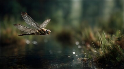 Obraz premium Dragonfly hovering above a serene pond in a lush wetland setting