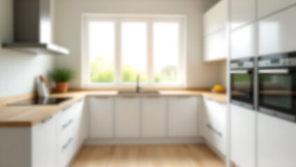 Fototapeta premium Abstract blurred image of modern minimalist kitchen interior. White cabinets, light wooden counter.