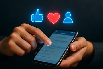 Person using smartphone with social media icons hand finger