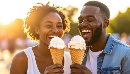 Joyful Couple Sharing Ice Cream Cones at Sunset
