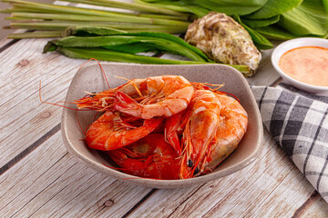 Delicous boiled tiger prawn with sauce