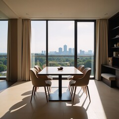 Modern luxury dining room interior with a long wooden table, chairs, and a large window offering a scenic view