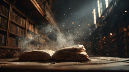 open ancient book on wooden table, dark mysterious library, dramatic beam of light from ceiling illuminating pages, floating dust particles in the air, shelves full of old books