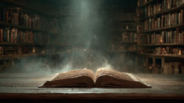 open ancient book on wooden table, dark mysterious library, dramatic beam of light from ceiling illuminating pages, floating dust particles in the air, shelves full of old books
