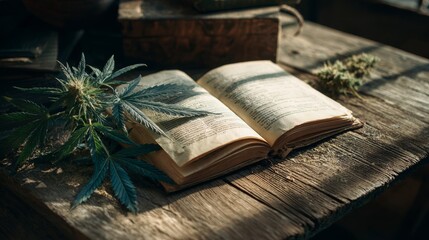 Rustic Botanical Workspace Featuring Cannabis Specimen, Dried Herbs, and Aged Book Pages