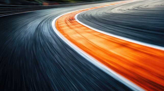 Dynamic view of a curvy race track with intense motion blur, evoking high speed and adrenaline under dramatic lighting, perfect for motorsports themes