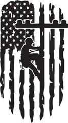 Vector art of lineman working on power pole with american flag isolated on white background