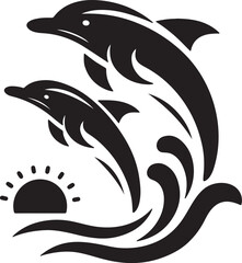 Naklejka premium Vector art of silhouette of two dolphins jumping out of the water isolated on white background