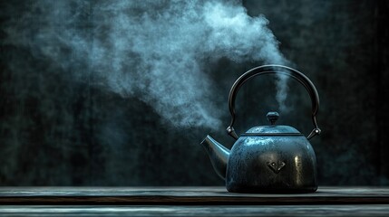 Enamel tea kettle with boiling water, steam pouring out in soft wisps on a dark, rustic background
