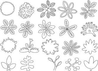 Hand drawn leaf elements, botanical outline foliage, vector plant set, abstract nature shapes, black line doodle for decorative design