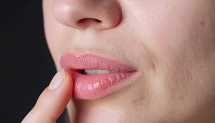 Naklejka premium Intimate Macro Portrait of a Woman Gently Touching Her Natural Lips