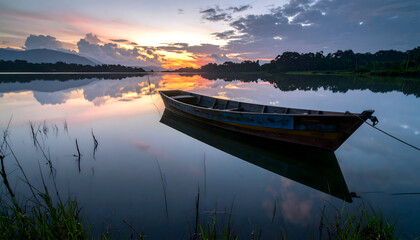 Obraz premium Serene lake scenery with a boat floating gently at twilight with sky reflection