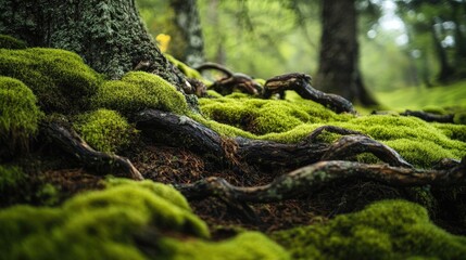Fresh moss clinging to old bark and twisted roots in a shaded woodland area, full of moisture and earthy tones