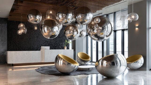 Reflective Silver Spheres Installation in Modern Interior