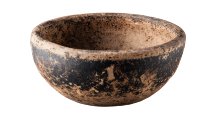 Ancient pottery relic bowl replica, viewed from top, isolated on a Transparent background, PNG file.