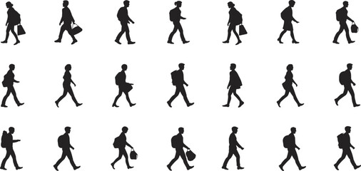 Walking people silhouettes, men and women, casual walking poses, vector illustration, black figures on white, backpack and bag carriers, isolated set