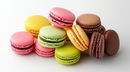 Group of fresh macarons in pink, green, yellow, and chocolate tones arranged on white background for a clean, appetizing display