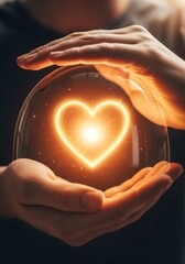 Fototapeta premium Illuminated heart within cupped hands symbolizing love, care, and protection concept
