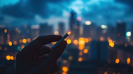 Hand holding a cigarette with a city skyline blurred in the background, capturing urban lifestyle and nightlife vibe