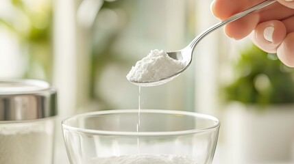 Hand holding a spoon pouring collagen powder into water, light kitchen background for healthy lifestyle theme