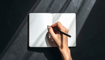 A Blank Page Awaits: Hand and Pencil in a Play of Sunlight and Shadow