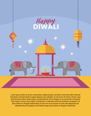 Colorful Diwali Illustration with Elephants, Temple, and Lanterns – Festival of Lights Celebration