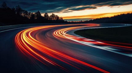 Naklejka premium High-speed car trail lights blurring along a winding race track at dusk, creating a sense of thrilling motion and fast-paced action