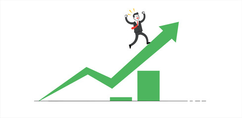 Illustration Vector of Business Man Riding Growing Arrow Chart for Success Modern Minimalist Style in Green