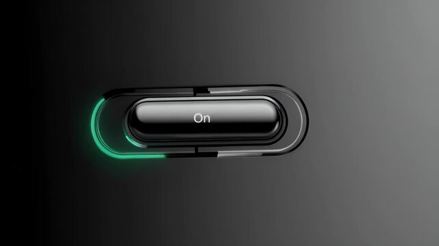 Smooth 4K animation digital on off power toggle button transitioning from red to green back set sleek black background ideal UI demos tech presentations futuristic user interface