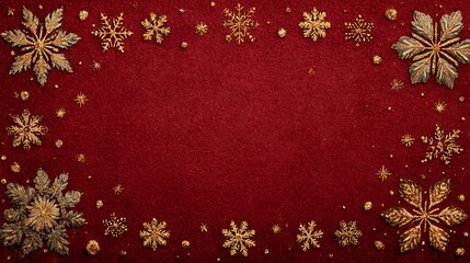 Festive red background with golden snowflake border and scattered glitter for holiday celebrations
