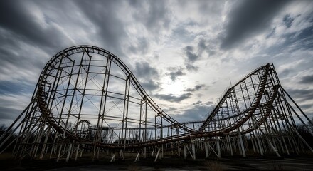 A roller coaster track with dramatic curves and loops stands against a cloudy sky, creating a sense of abandonment.