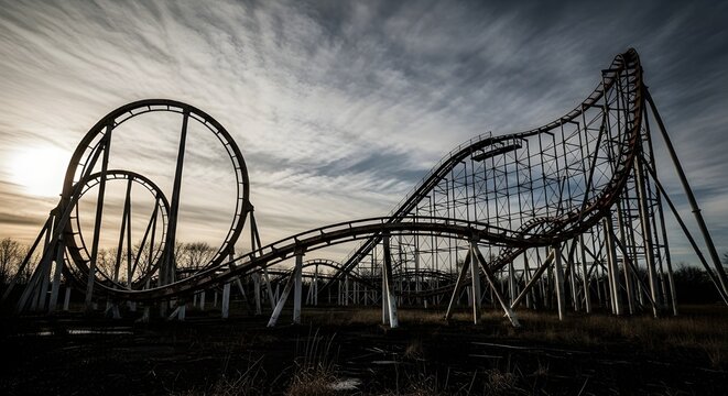 Abandoned roller coaster silhouette against a dramatic sunset sky.