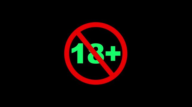 Age restriction symbol animated on black background signaling content not suitable for viewers under eighteen years of age restriction Warning Sign Mature Contents 18+ Sign Symbol 4k Motion Graphics 
