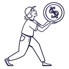 Person wearing a baseball cap holding a large coin with a dollar sign