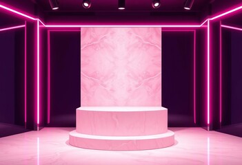 Elegant pink marble podium on neon-lit background, ideal for product display,  neon,  advertising