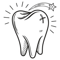 Hand drawn illustration of a healthy tooth with a shooting star and radiating lines