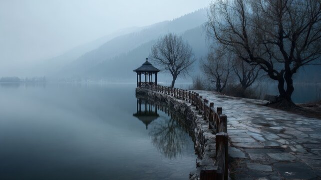 serene misty winter lake, calm water reflecting foggy mountains, leafless trees, paved stone path with wooden railing along the lake, traditional wooden gazebo