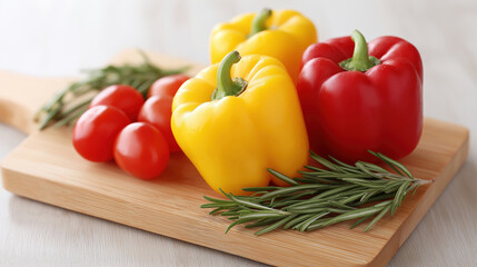 Fresh yellow and red bell pepper with cherry tomato and rosemary on wooden cutting board, bright and healthy vegetable arrangement