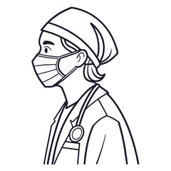 Stylized line art illustration of a medical professional wearing a surgical mask and stethoscope