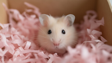 Obraz premium Cute white hamster with black eyes resting on pink shredded paper bedding inside cardboard box, showing soft and cozy environment