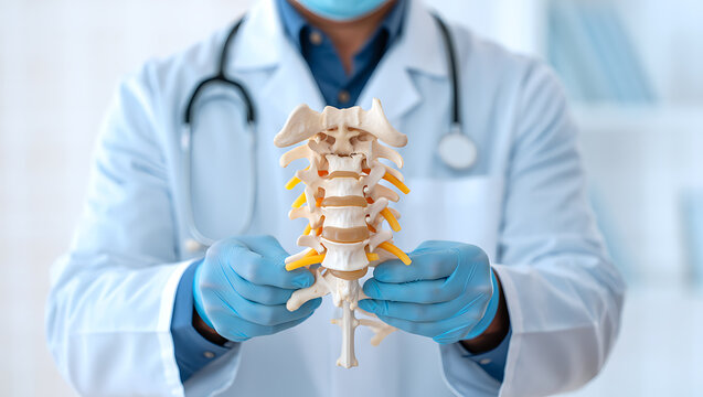 Doctor holding cervical spine model medical anatomy
