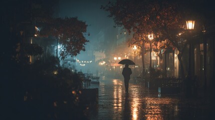 silhouette of a person walking under an umbrella in the rain, nighttime city street illuminated by streetlights and glowing buildings