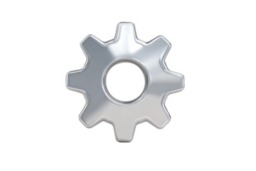 metallic gear icon in silver and iron tones, white background