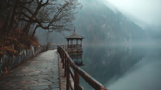 serene misty winter lake, calm water reflecting foggy mountains, leafless trees, paved stone path with wooden railing along the lake, traditional wooden gazebo