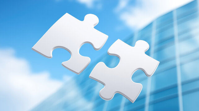 Two white puzzle pieces floating in front of modern glass building under blue sky with clouds, symbolizing connection and teamwork