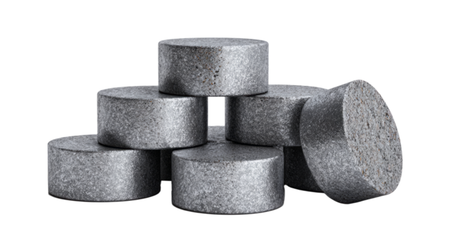 uranium fuel pellet stack, metallic gray texture, clean white background