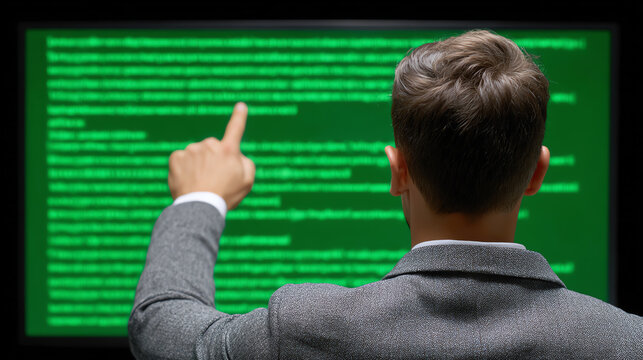 A professional man pointing at a green screen filled with data or code, illustrating technological analysis or software development.