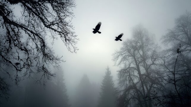 Haunting Foggy Landscape with Bare Branches and Swarming Birds in the Cold Forest Air