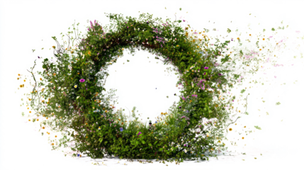 Botanical portal made of growing vines and wildflowers forming a ring, enchanted aura, white background